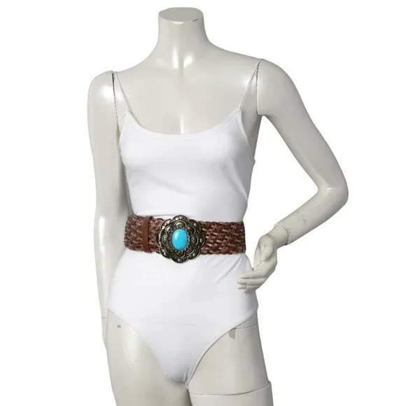 Debenhams UK Western Braided Wide Faux Leather Belt Woven Turquoise Stone Bronze - Picture 2 of 7